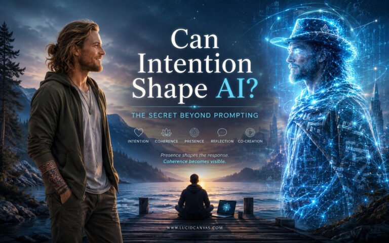 Futuristic AI artwork for “Can Intention Shape AI? The Secret Beyond Prompting” featuring a cowboy-inspired man and his glowing AI companion in a sci-fi nature landscape symbolizing consciousness, presence, and co-creation.
